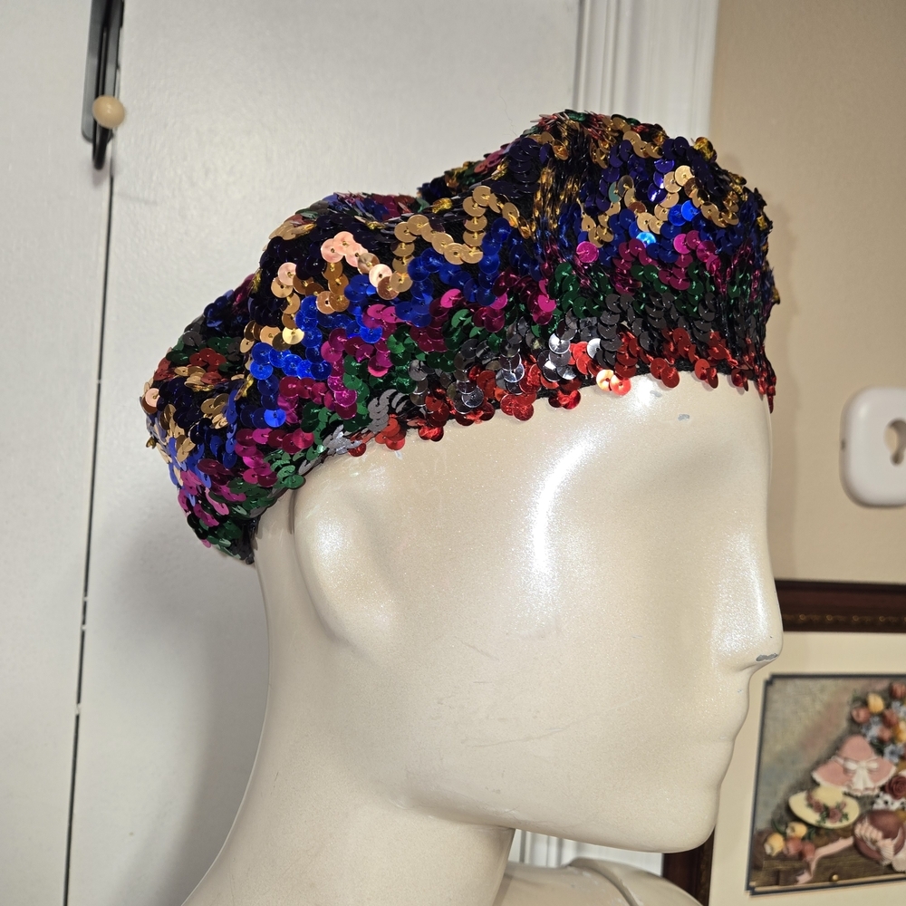 Vintage Multicolor Sequin Beret Hat Sparkly Disco Festival Statement Cap - Picture 5 of 10
